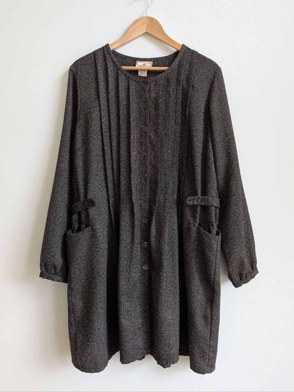 April Cornell Large Tweed Brown Coat Dress Button Down Pintuck Front